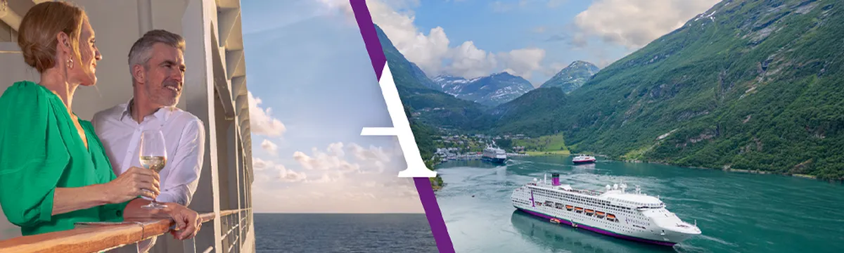 A couple enjoying a view from a cruise ship balcony; a scenic fjord with another cruise ship sailing through.