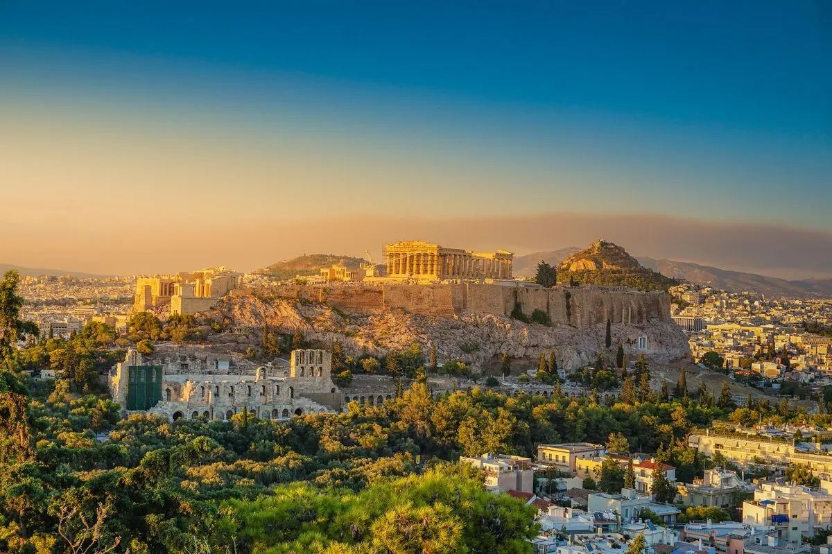 View of the Acropolis of Athens at sunset