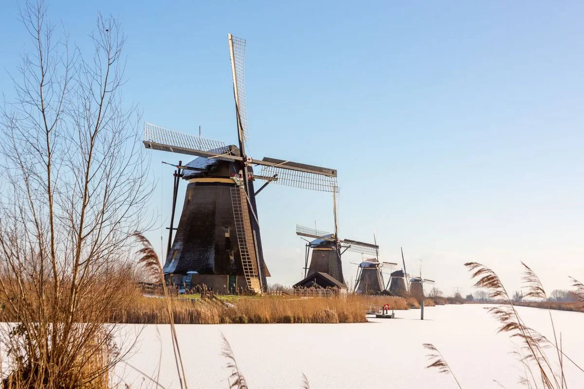 Windmills in the snow in the Netherlands