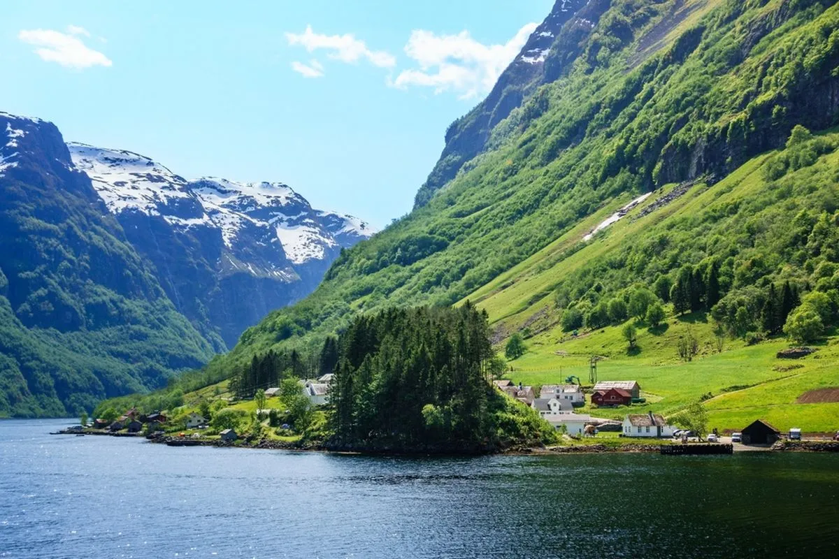 Snow-capped fjord in Norway