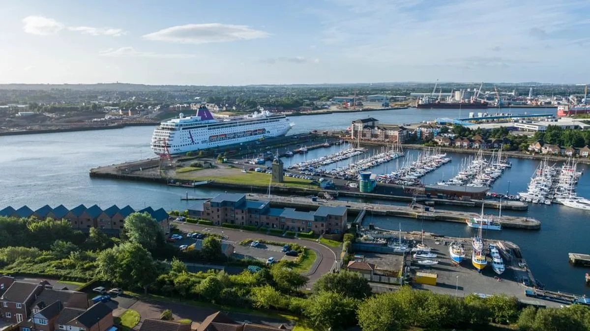 Aerial view of the Port of Tyne Newcastle with Ambition docked