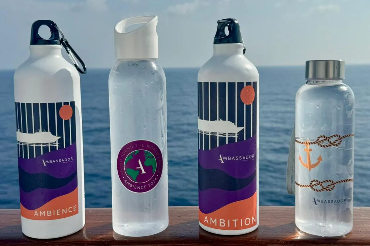 Ambassador Cruise Line branded water bottles