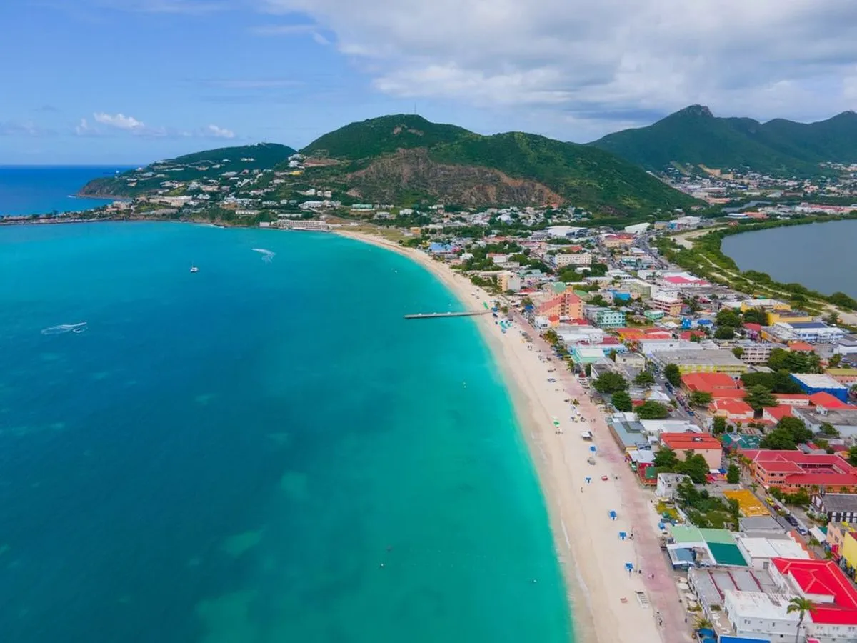 Aerial view of the Philipsburg, Sint Maarten, vibrant coastal town with turquoise waters