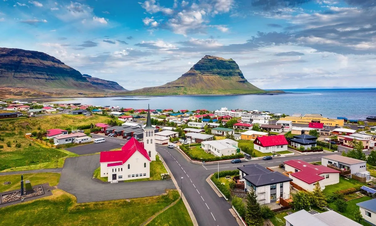 Grundarfjordur church and town taken from a drone