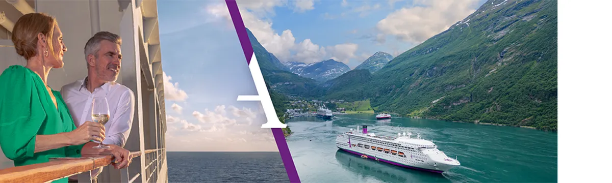 A couple on a cruise ship balcony with a drink, overlooking the ocean. Adjacent, a cruise ship sails through a scenic fjord with mountains.