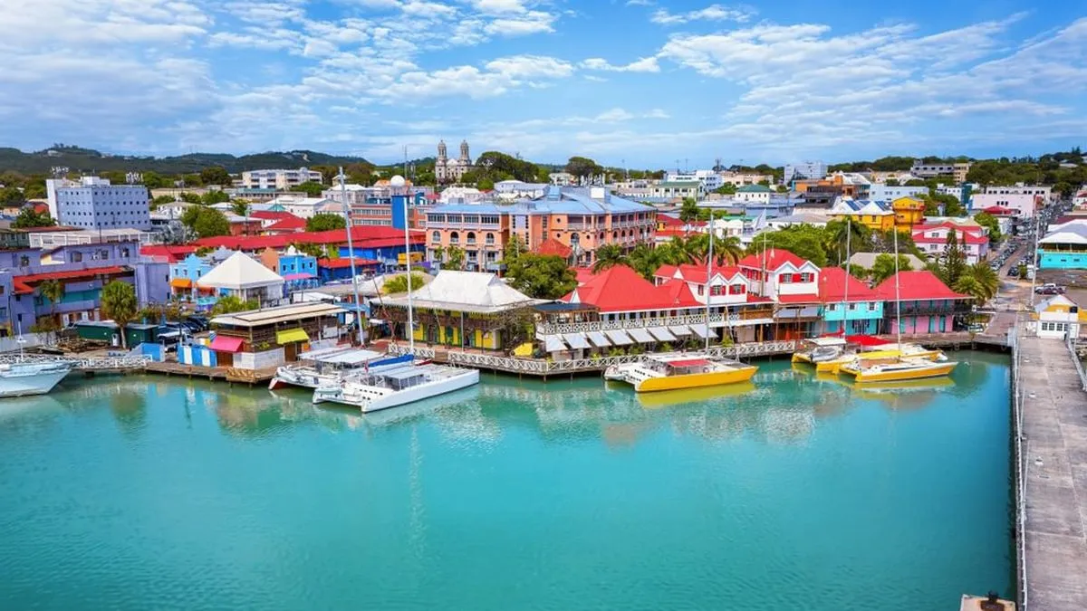 Aerial view of Redcliffe Quay and St. Johns, capital city of Antigua and Barbuda island, Caribbean Sea