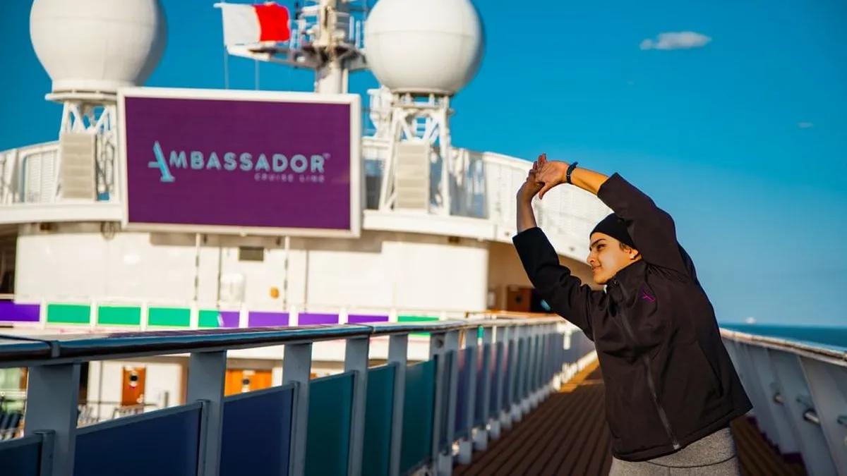 Person stretching on the Ambassador Cruise Line deck