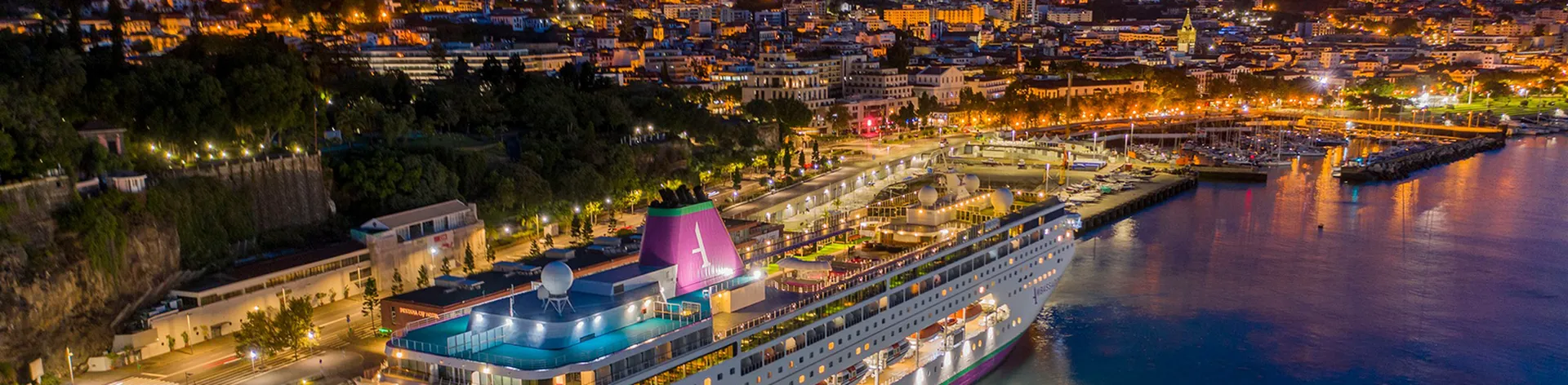 Aerial view of a brightly lit Ambassador ship docked at a vibrant, illuminated coastal city at night