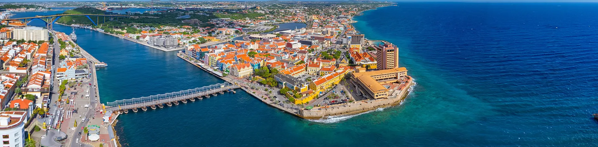 Willemstad historic city center aerial view including Otrobanda on the left and Punda on the right in city of Willemstad, Curacao.