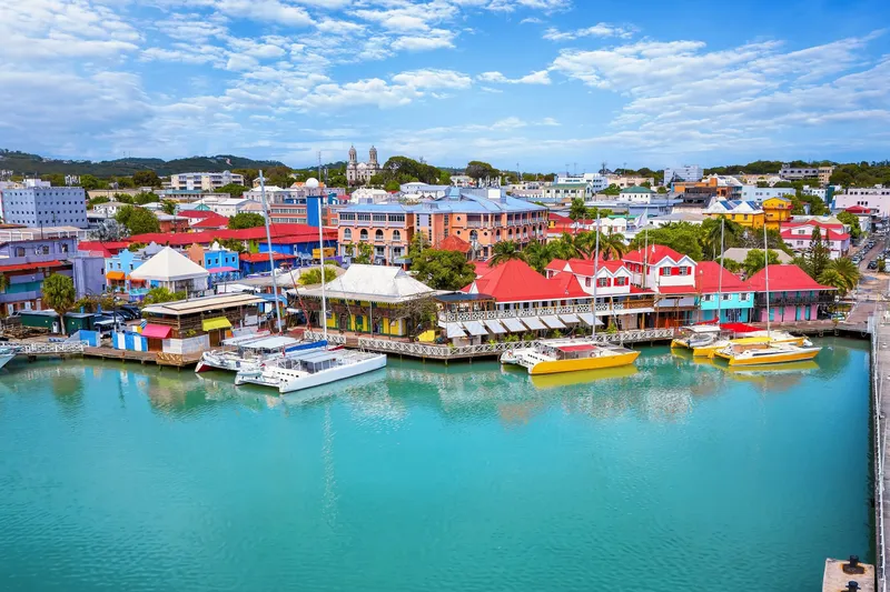 Aerial view of Redcliffe Quay and St. Johns, capital city of Antigua and Barbuda island, Caribbean Sea