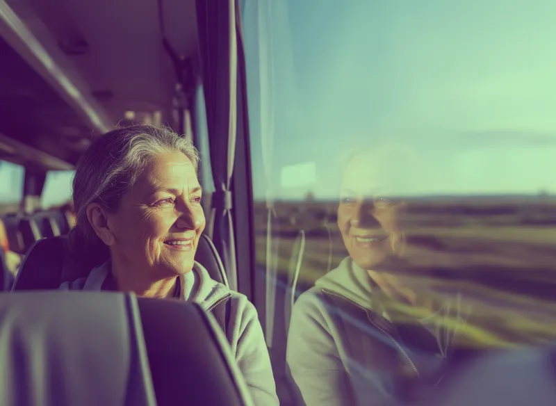 Elderly lady looking through a coach bus window