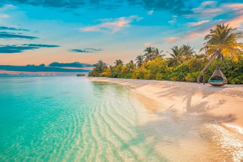 Tropical beach at sunset with clear turquoise water, white sand, lush palm trees, and a hanging wicker chair.