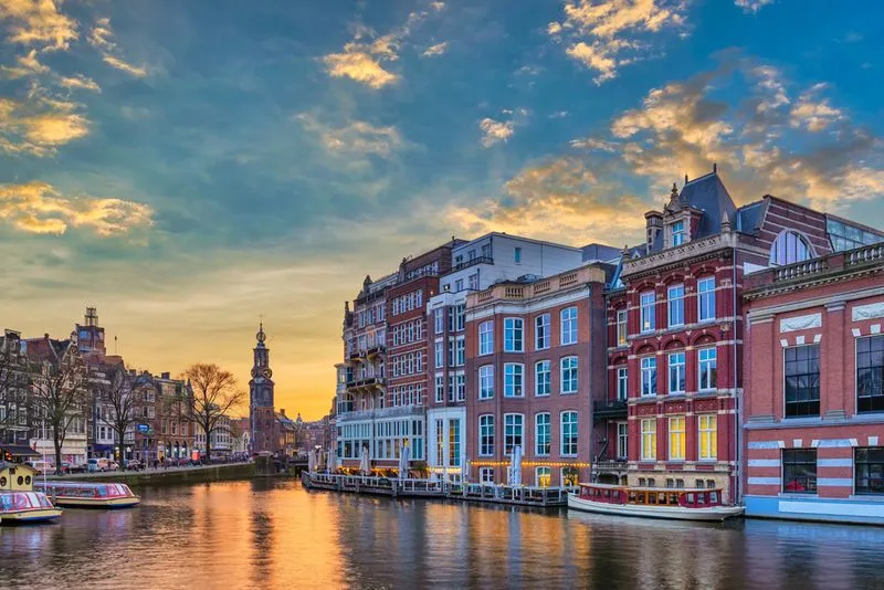 The Amsterdam skyline at sunset