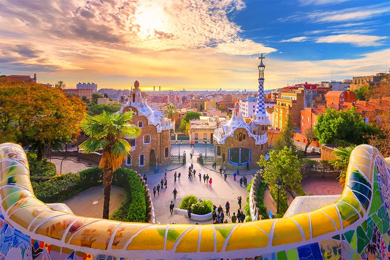 Sunset view from Park Guell in Barcelona, Spain