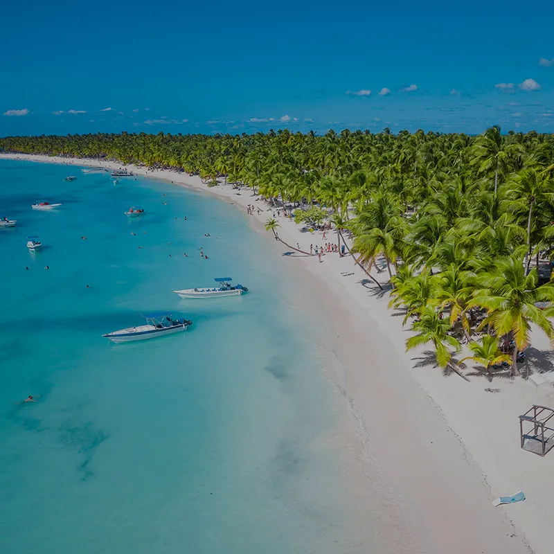 Aerial view of Saona Island in Dominican Republuc. Caribbean Sea with clear blue water and green palms. Tropical beach. The best beach in the world.