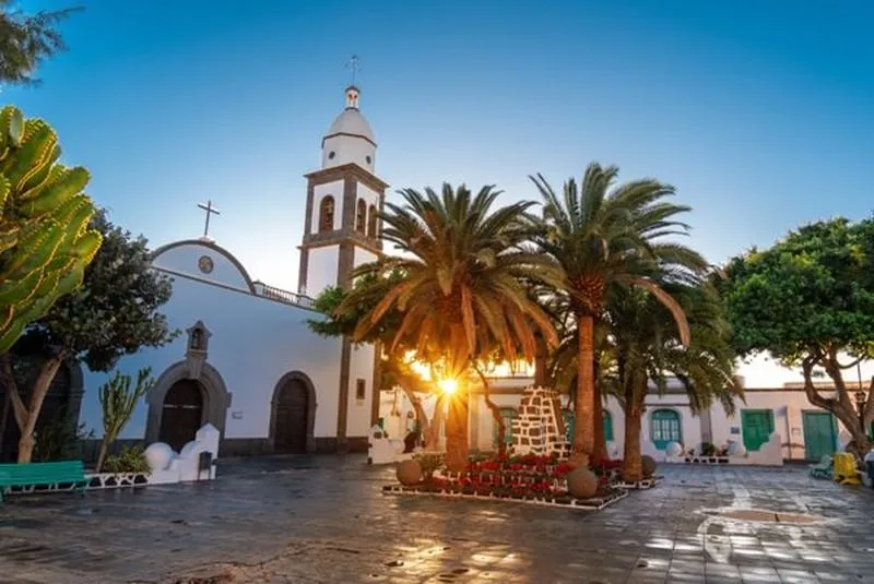 View of the public square and a side of Parroquia de San Gines, a catholic church in Arrecife, Lanzarote, Canary Islands, Spain
