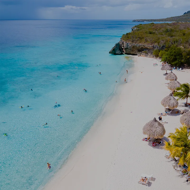 Cas Abao Beach Playa Cas Abao Caribbean island of Curacao, Playa Cas Abao in Curacao a white beach with a blue turqouse colored ocean Drone aerial view