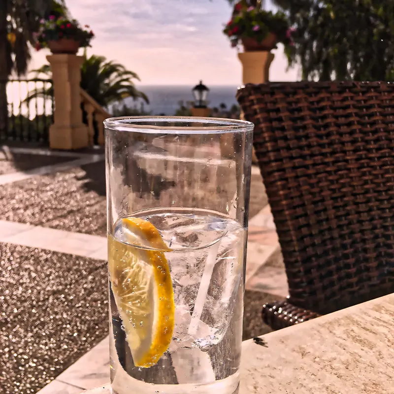 A glass of gin with lemon and ice on a table, overlooking a sunny patio with wicker chairs and a view of the ocean.