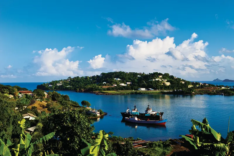 A tranquil bay with a docked ship, surrounded by lush greenery and houses in Castries St Lucia