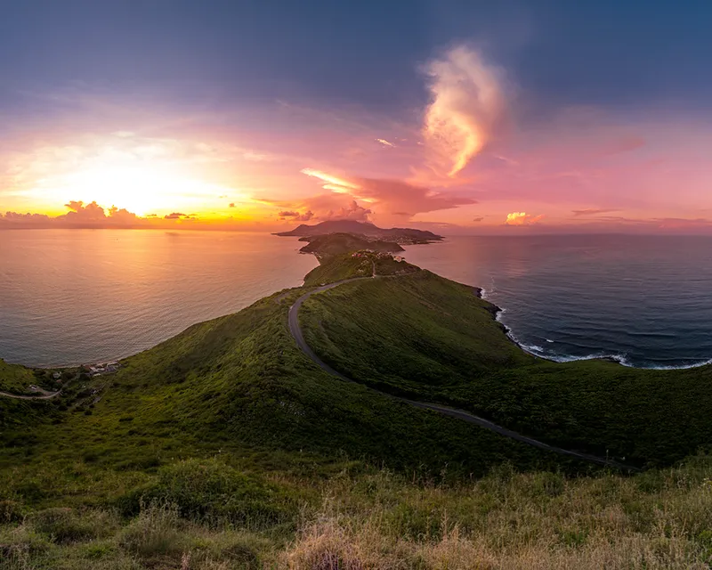 Dramatic sunset over St Kitts, Basseterre, South Friars Bay