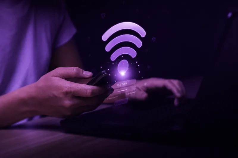 Hands Using Mobile Phone and Laptop with Glowing Wifi Icon and Login Screen in Technology Concep