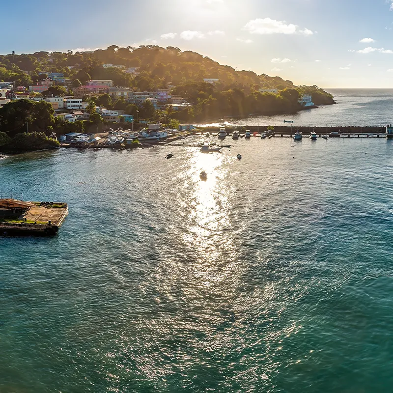 A view east across the port of Scarborough, Tobago on a bright morning