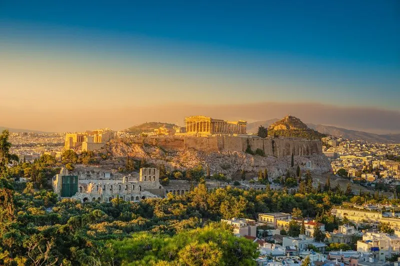 View of the Acropolis of Athens at sunset