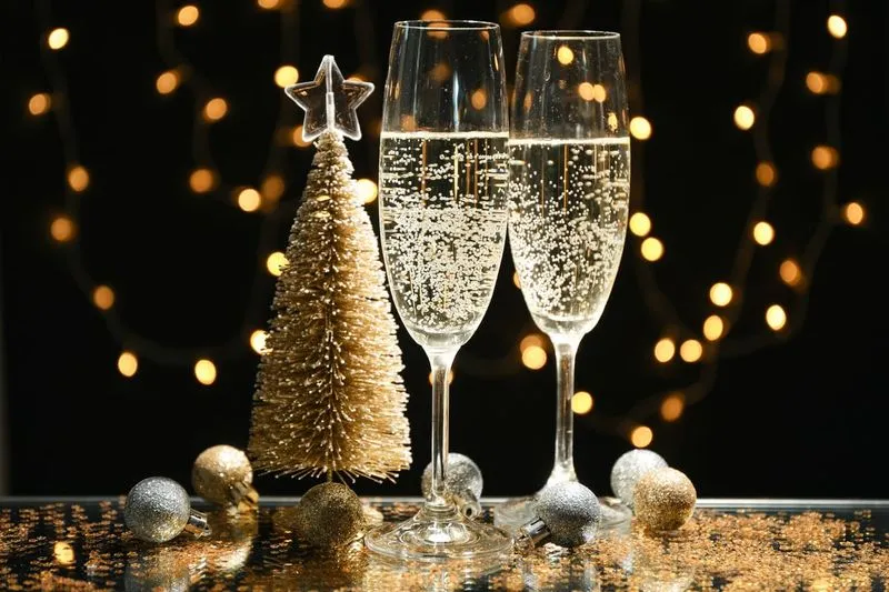 Two champagne glasses with bubbles, a small gold Christmas tree, and festive lights in the background on a reflective surface.