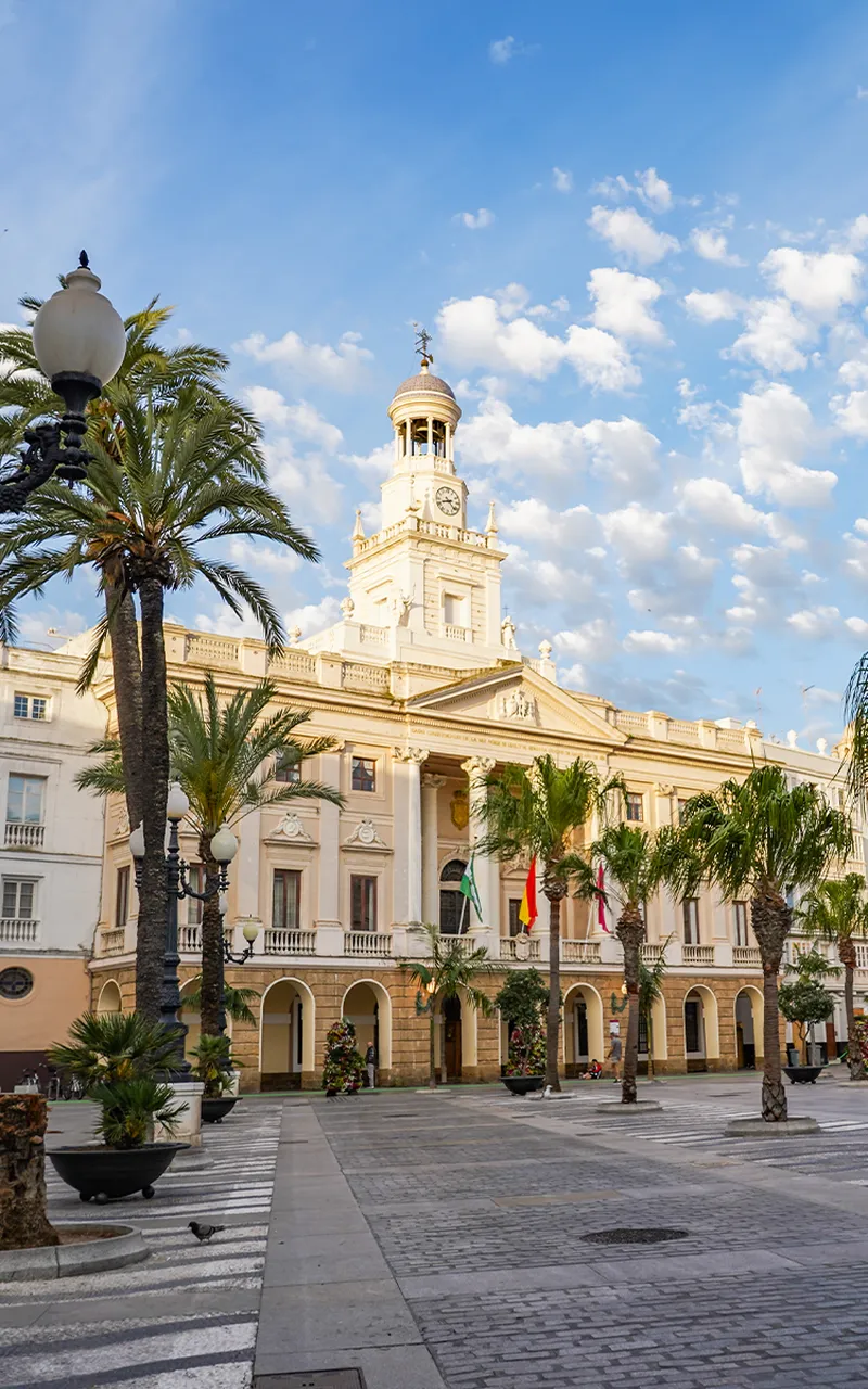 Historic building in Cadiz with a clock tower under a blue sky, surrounded by palm trees and flags, on a cobblestone plaza.