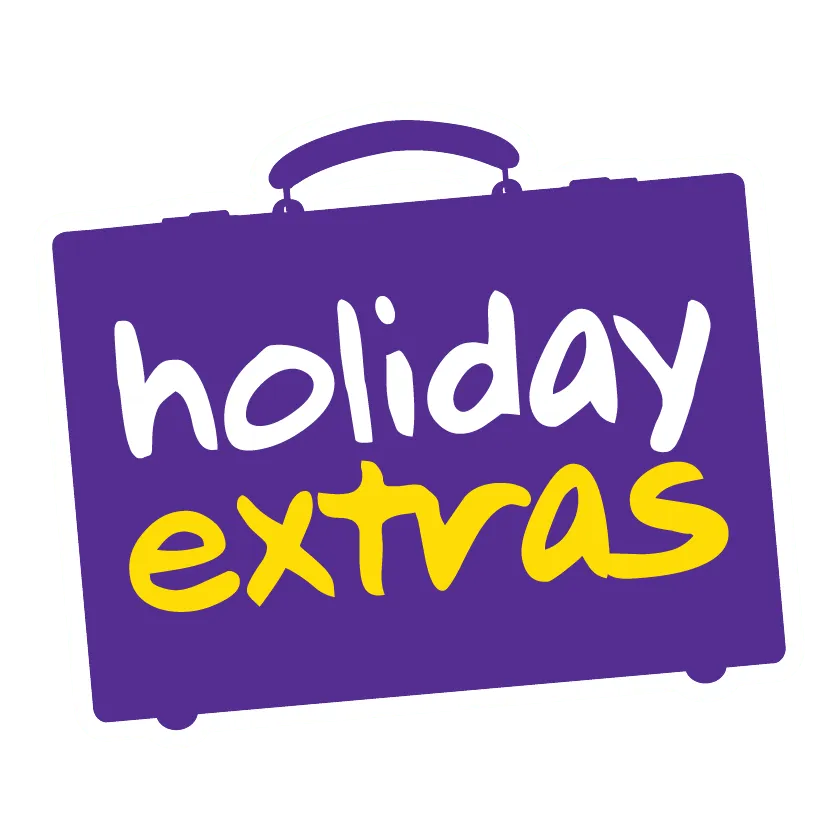 Purple suitcase icon with "holiday extras" text in white and yellow, resembling a playful travel-themed logo.