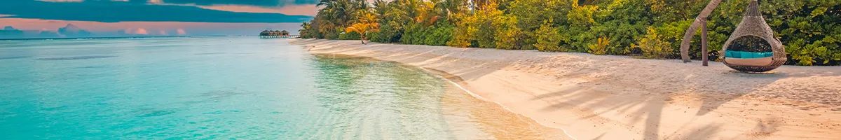 Tropical beach with turquoise water, white sand, lush greenery, and a hanging wicker chair at sunset.