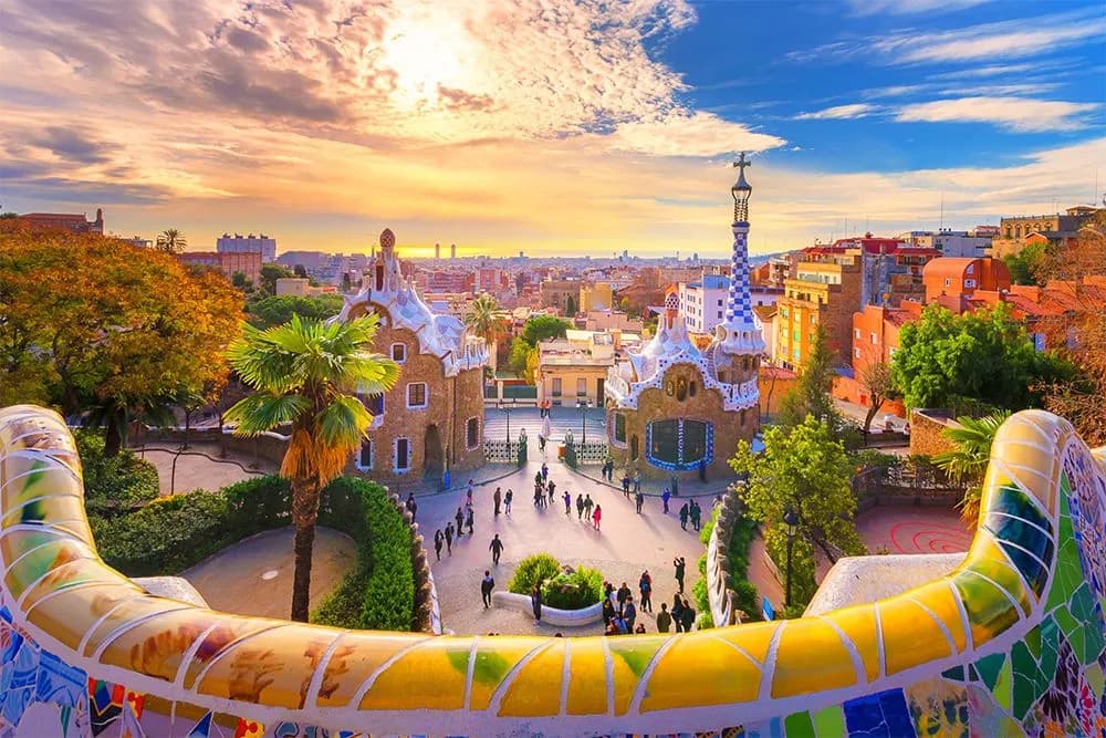 Sunset view from Park Guell in Barcelona, Spain