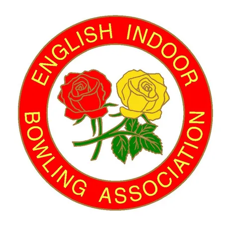 Logo of the English Indoor Bowling Association featuring red and yellow roses within a red circle with text.