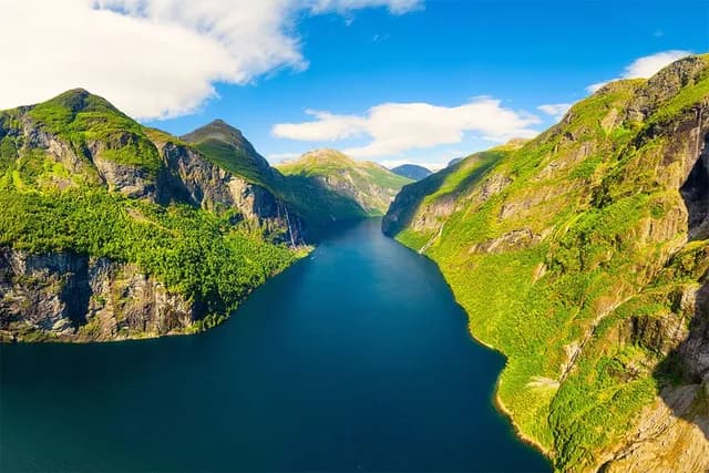 Aerial view of Geirangerfjord in the summertime
