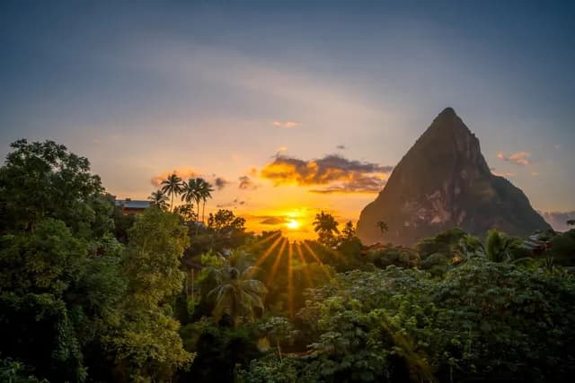Sunset over lush tropical forest with a prominent mountain peak in Castries St Lucia