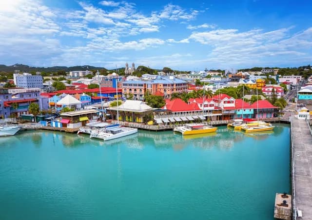 Aerial view of Redcliffe Quay and St. Johns, capital city of Antigua and Barbuda island, Caribbean Sea