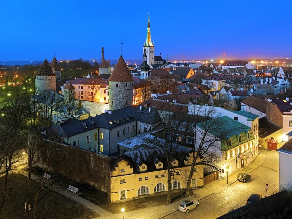 View of European city at night
