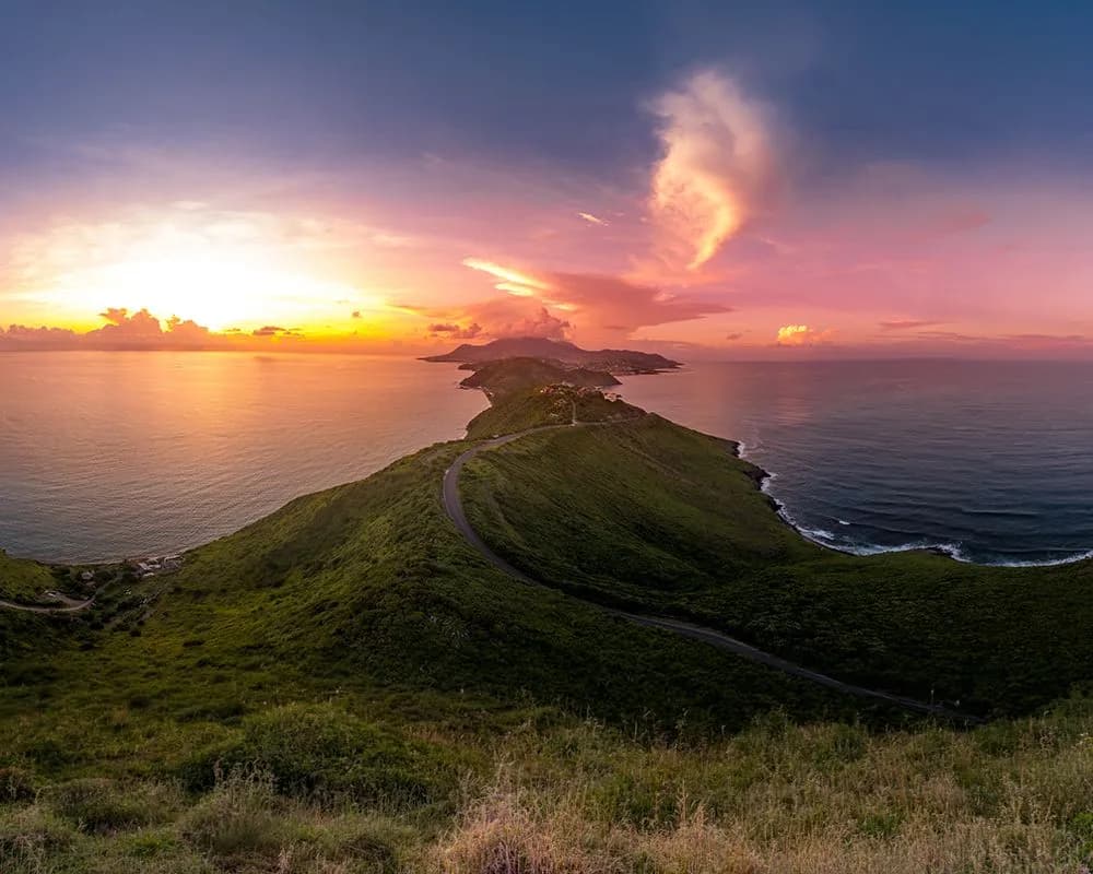Dramatic sunset over St Kitts, Basseterre, South Friars Bay