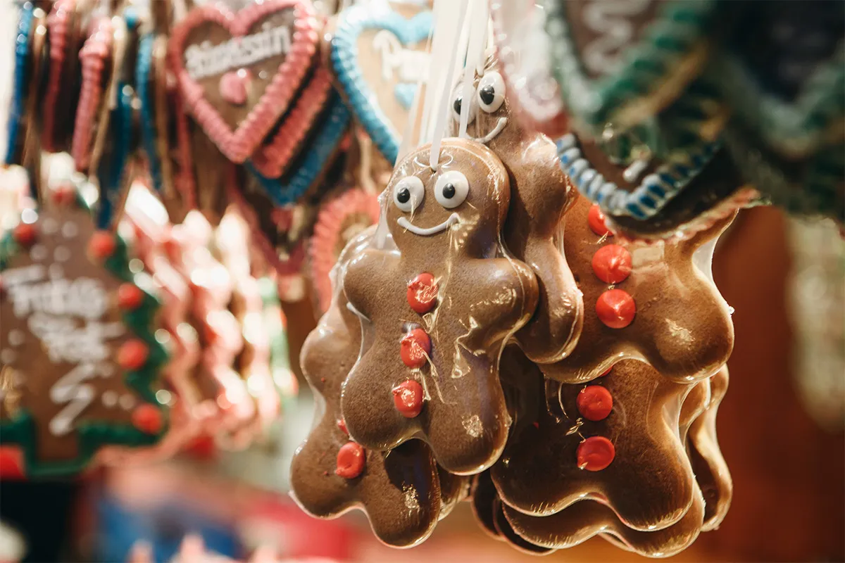 Traditional gingerbread hanging at a Christmas market