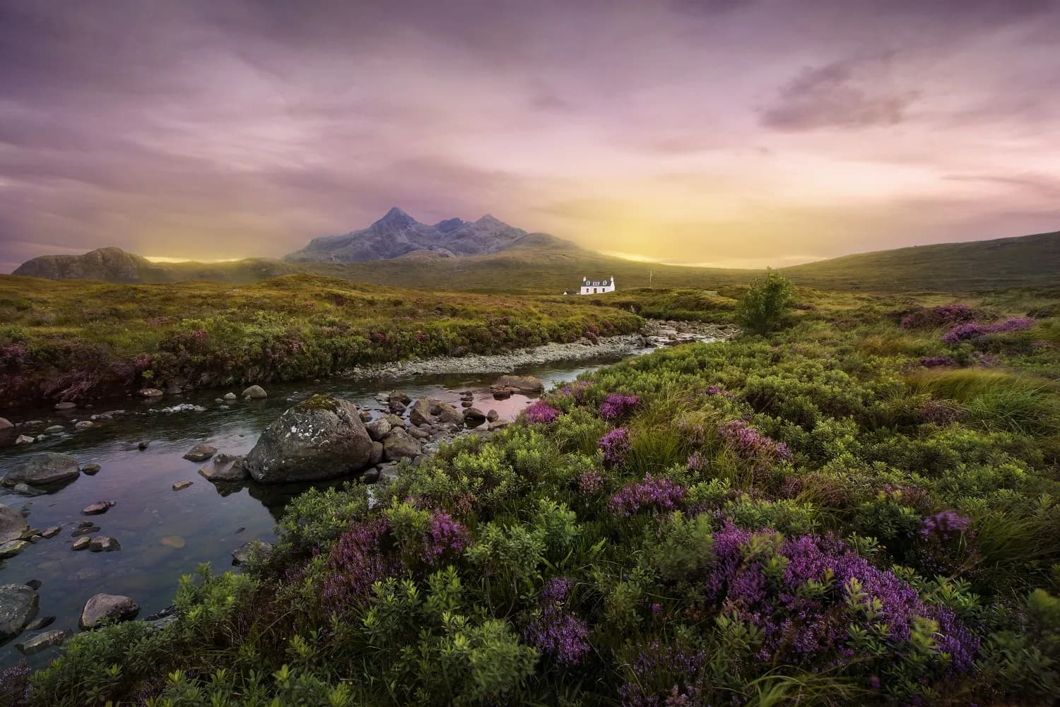 Colorful sunset over the Scottish Higlands, river Sligachan, Scotland