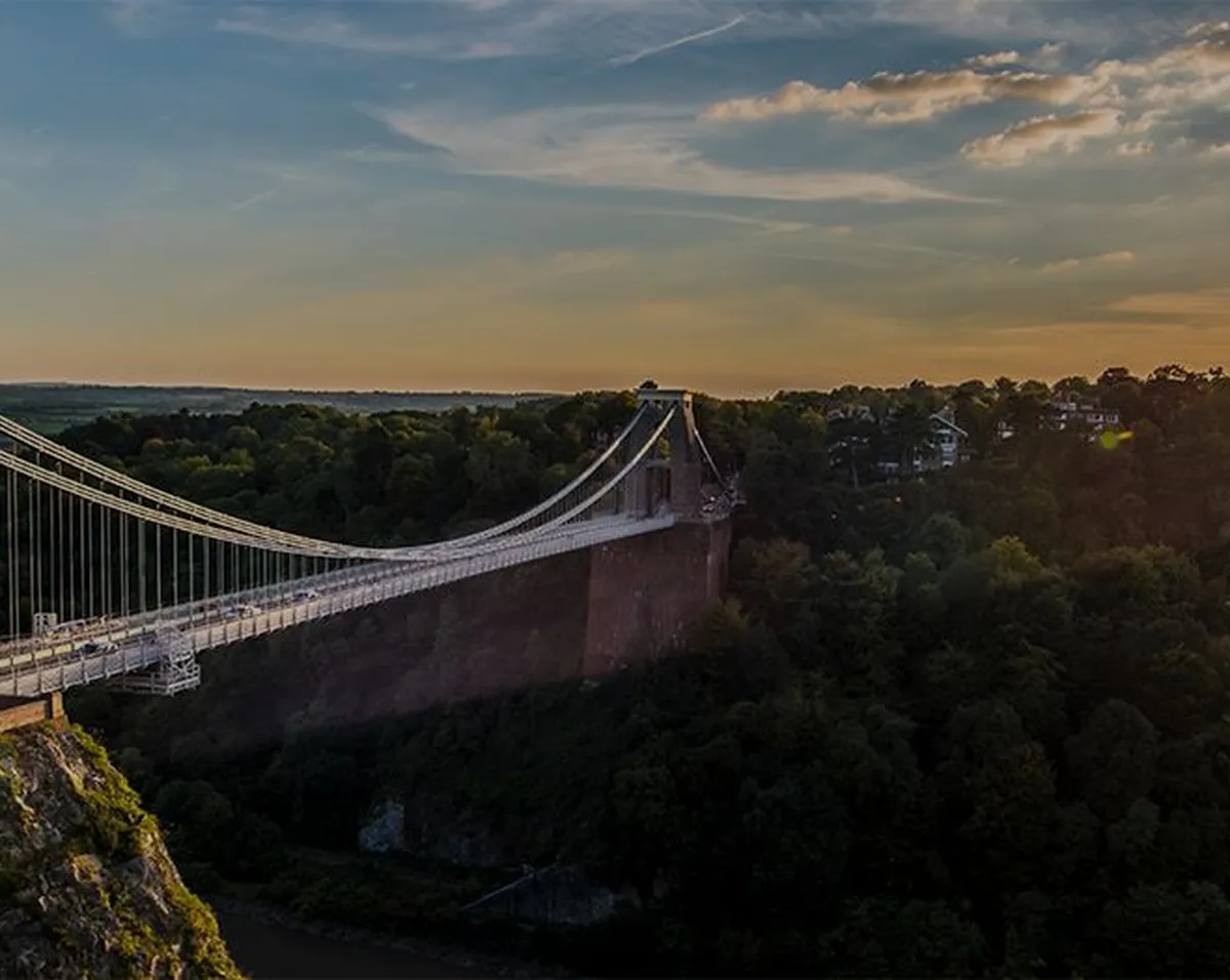 Suspension bridge spanning a wooded gorge in Bristol