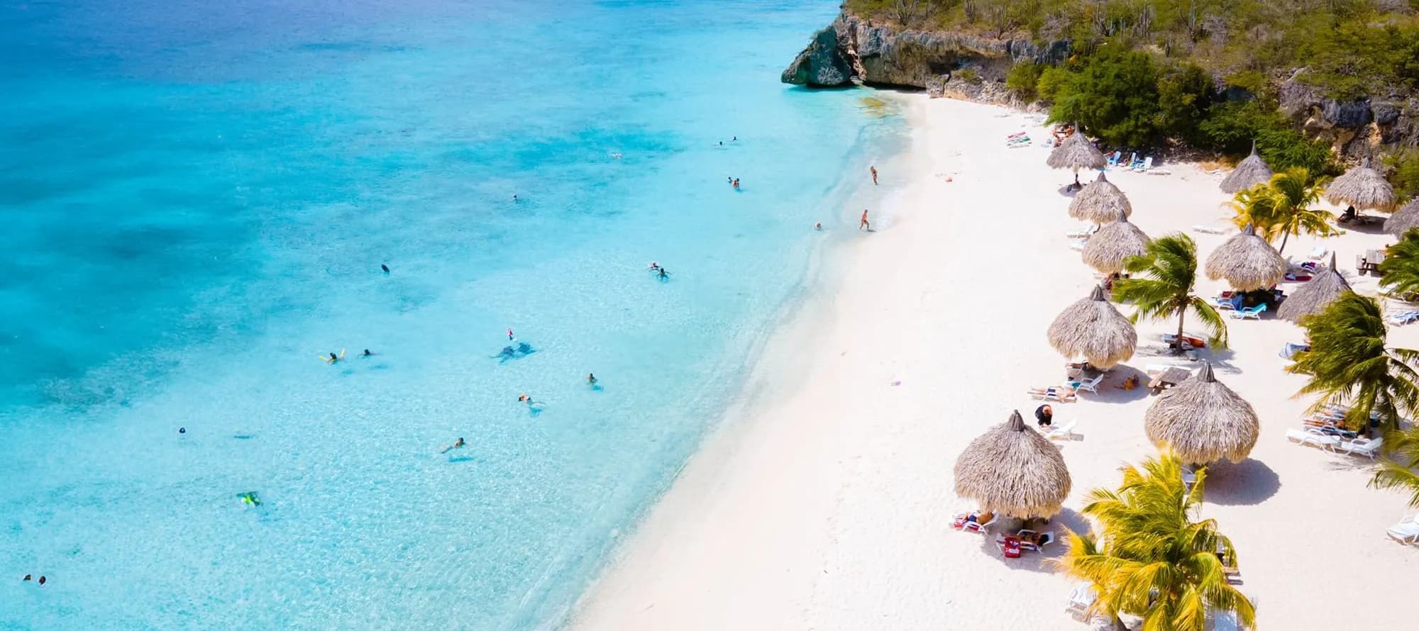 Cas Abao Beach Playa Cas Abao Caribbean island of Curacao, Playa Cas Abao in Curacao a white beach with a blue turqouse colored ocean Drone aerial view