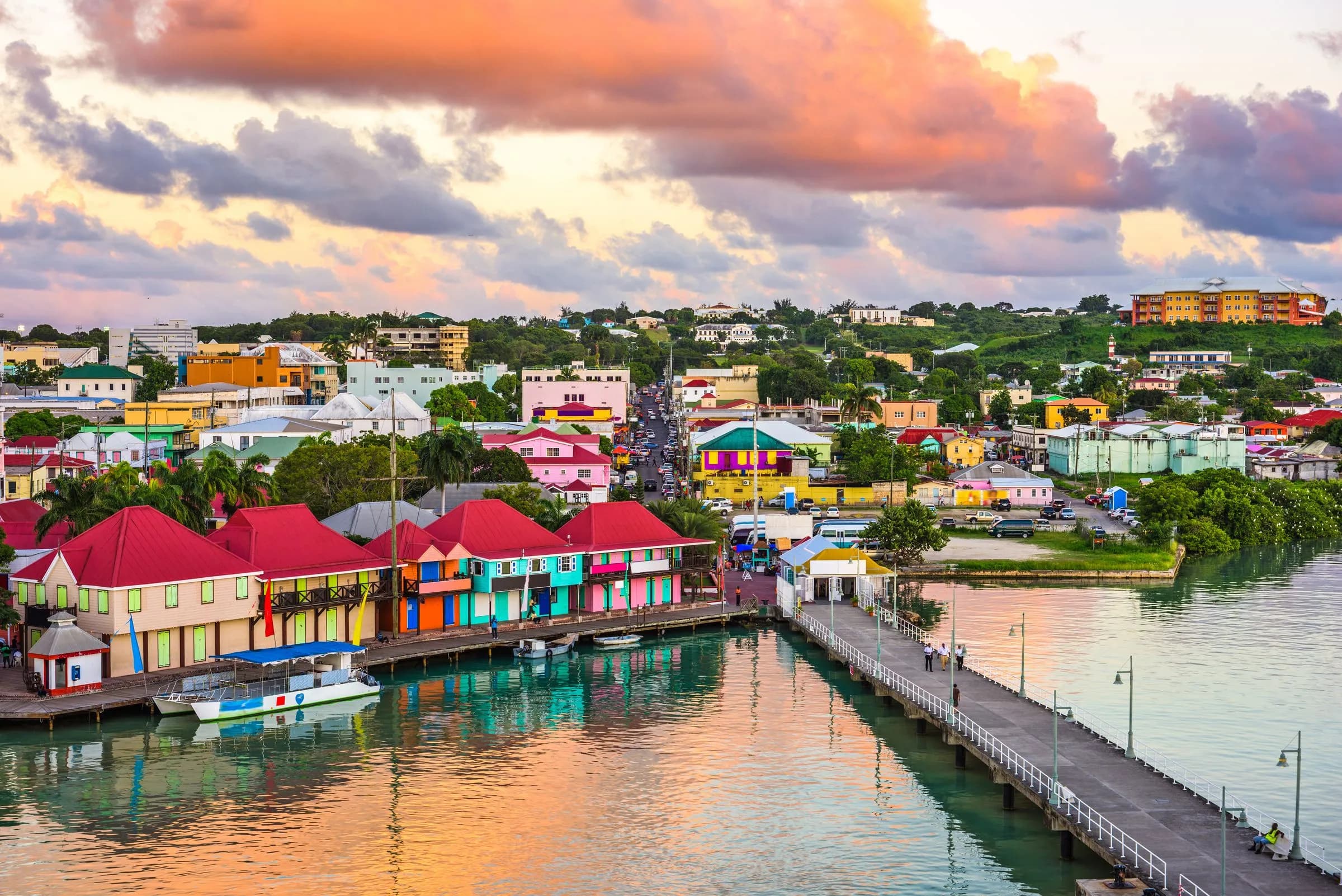 View of the colourful roofs in St John’s Antigua