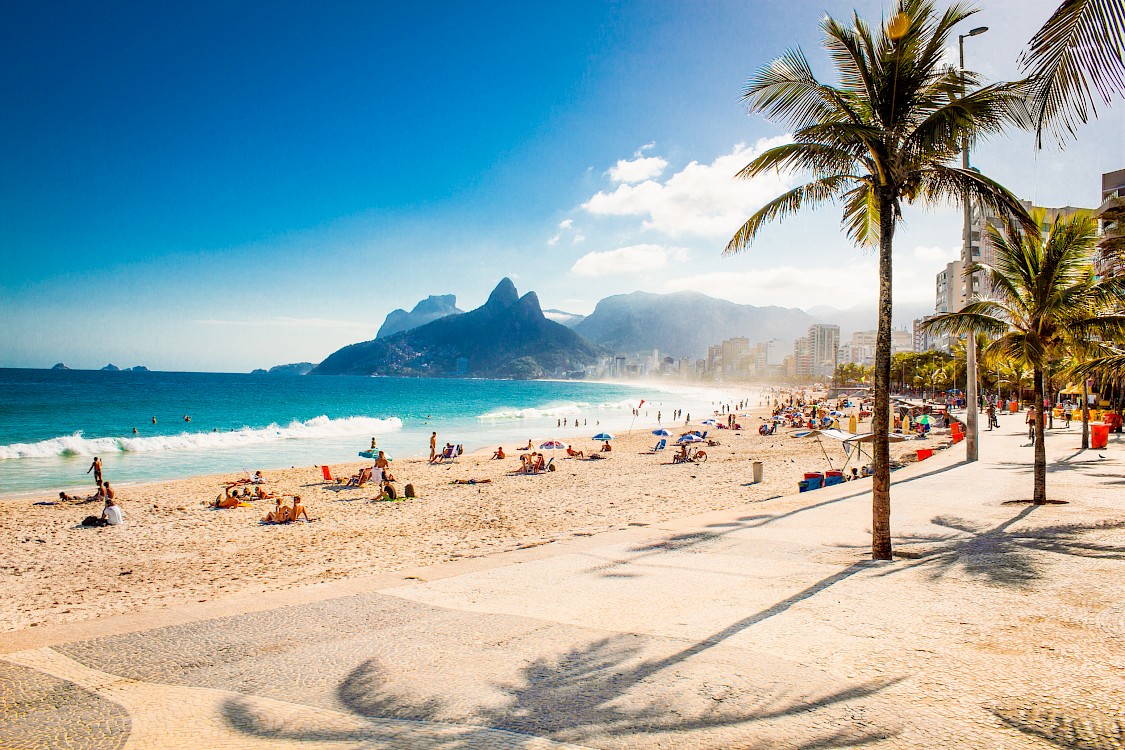 Palms and Two Brothers Mountain on Ipanema beach in Rio de Janeiro