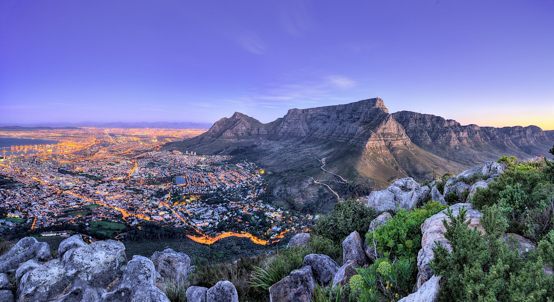 The view over Cape Town, South Africa, at dusk, including Table Top Mountain