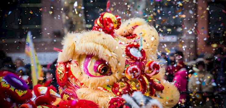A Chinese dragon amidst a New Year celebration