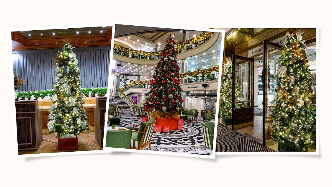 A photo collage showing three of Christmas trees onboard Ambience cruise ship