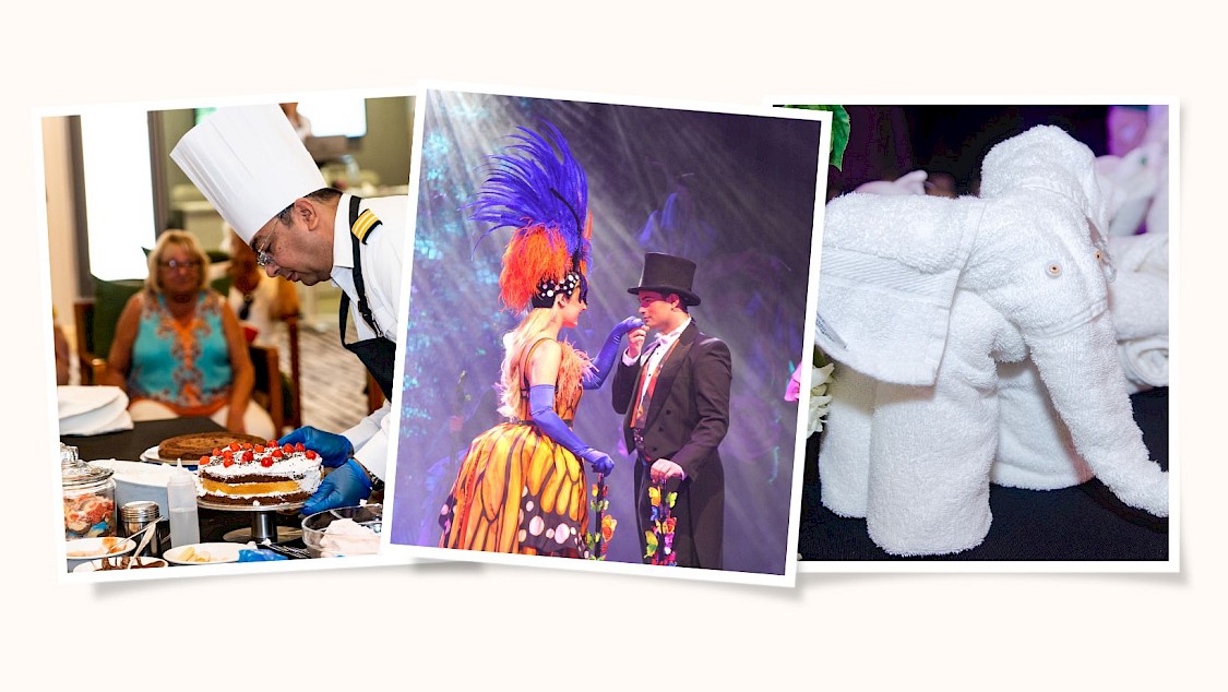 A photo collage showing a chef icing a cake, two actors performing and a towel elephant onboard Ambience cruise ship