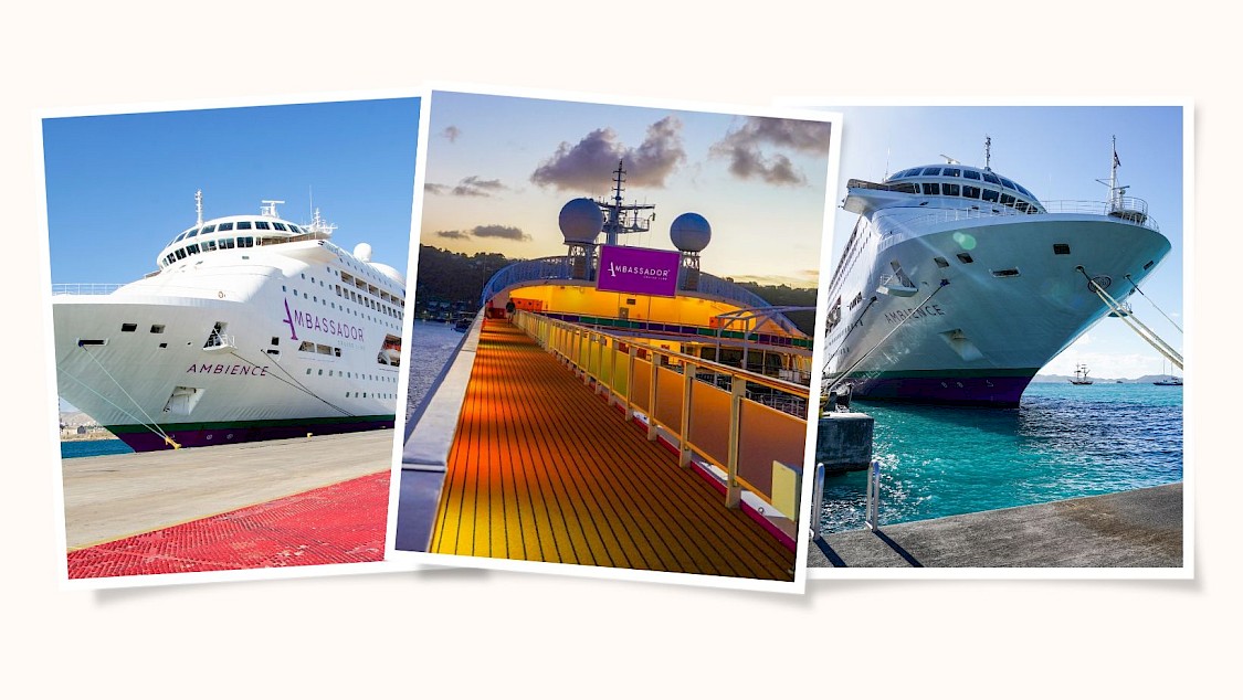 A photo collage showing two images of Ambience in port and one of her top deck at sunset