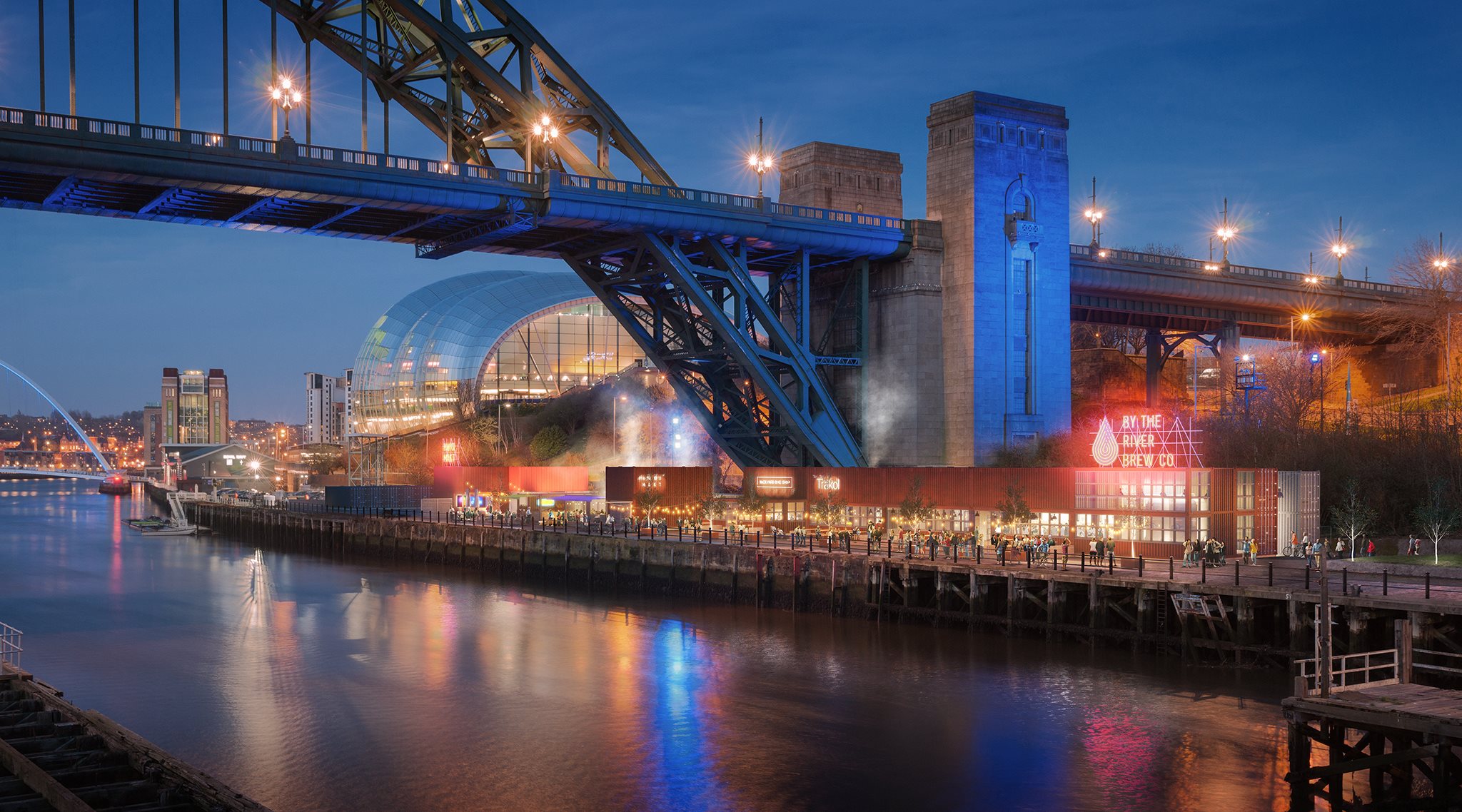 A view of By the River Brew Co. and the Tyne Bridge at dusk